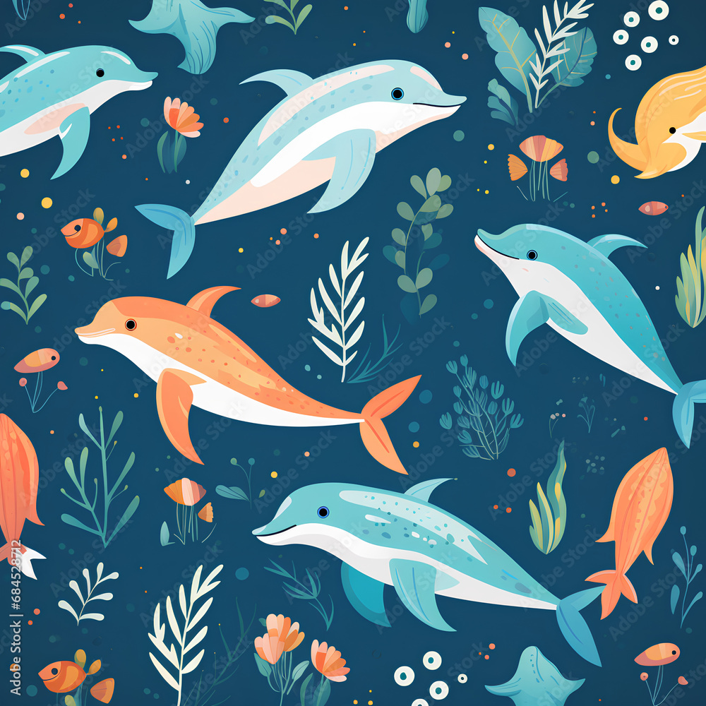 Naklejka premium Create a pattern featuring adorable, stylized animals like dolphin in playful poses, PNG, 300 DPI