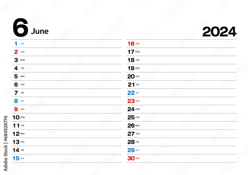 予定が書込みできる2024年のスケジュールカレンダー_06月