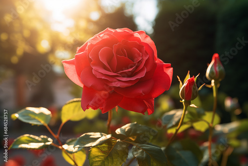 Beautiful Close-up of a Red Rose in the Garden at Sunset, Nature, Spring background, Generative AI