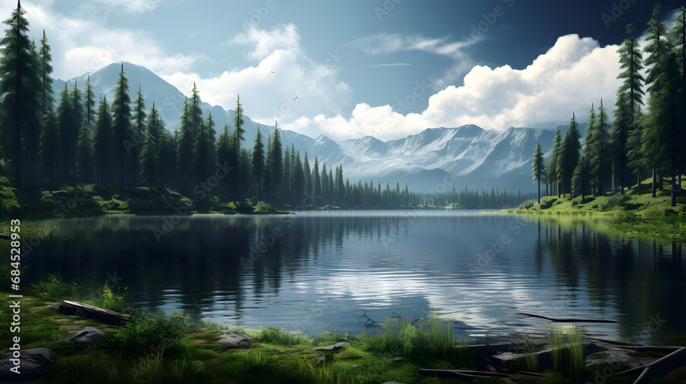 The lake on the background of wild forest. generative ai.