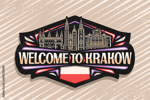 Vector logo for Krakow, dark decorative tag with line illustration of historic european krakow city scape on nighttime sky background, art design refrigerator magnet with words welcome to krakow photo