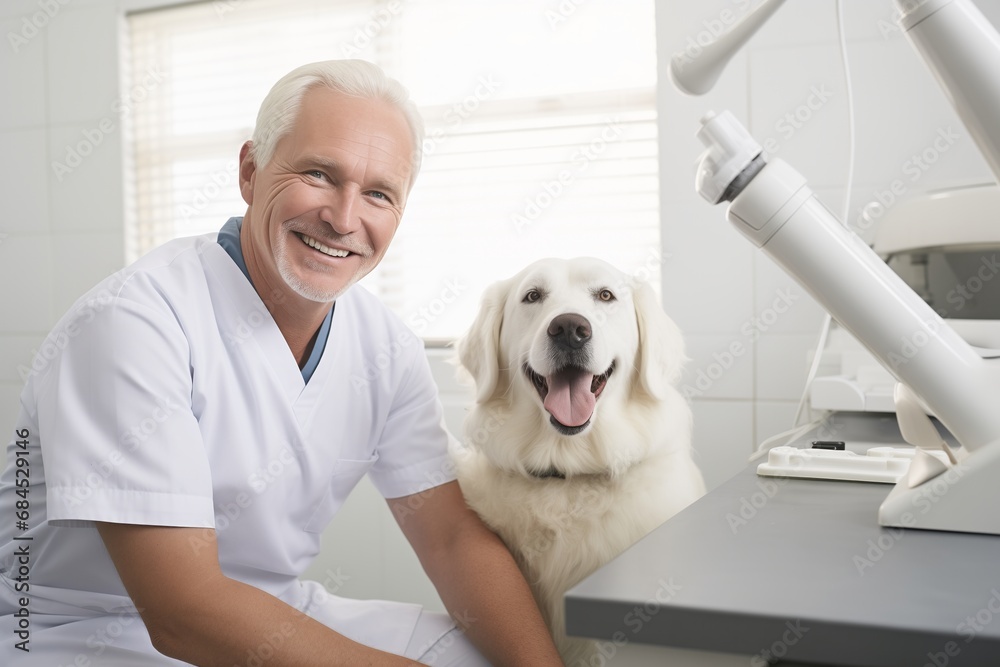 experienced veterinarian with a dog sincerely smiles on the background of the hospital.