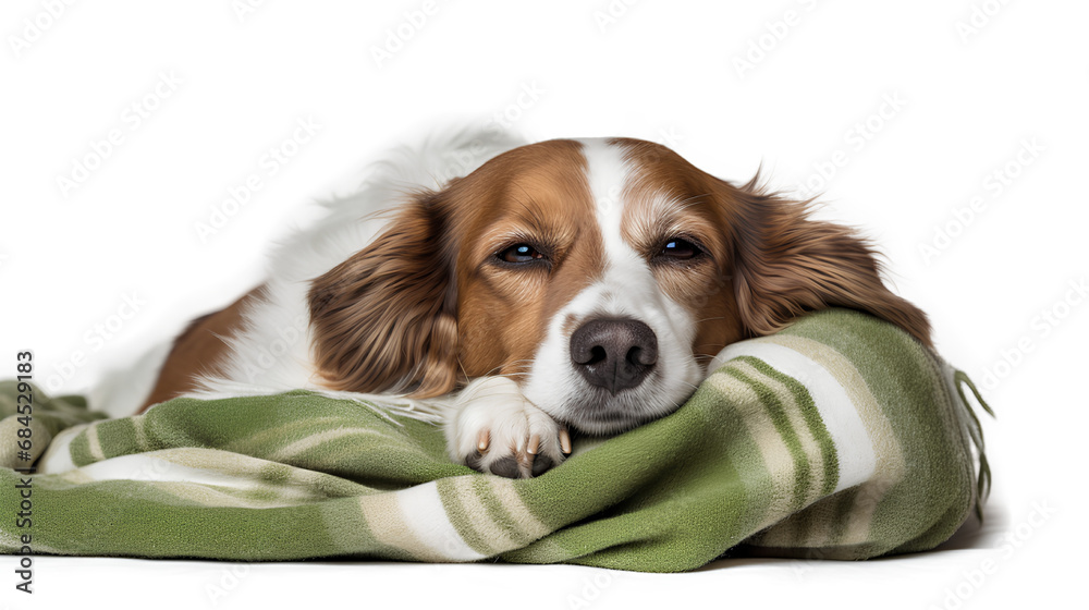 Adorable brown and white dog snuggled under a cozy green and white blanket isolated on a transparent background, Generative AI