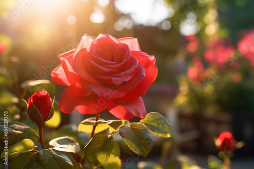 Beautiful Close-up of a Red Rose in the Garden at Sunset, Nature, Spring background, Generative AI