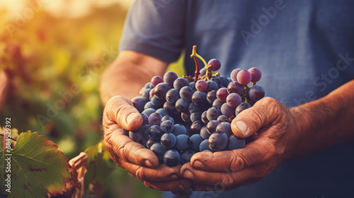 Farmer male hands picking grape, grapes harvest