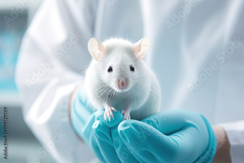 Hand of scientist holding a small mouse for experiment in laboratory