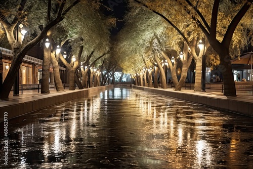 Riverside at night with trees lighting up, in the style © EnelEva