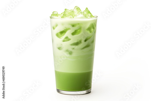 iced matcha green tea with milk on glass isolated on white background