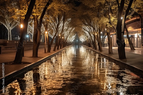 Riverside at night with trees lighting up, in the style