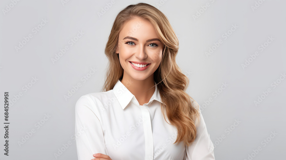 Portrait of beautiful young blonde american company office worker business woman smiling and looking straight Portrait of beautiful young blonde american company office worker business woman smiling and looking straight