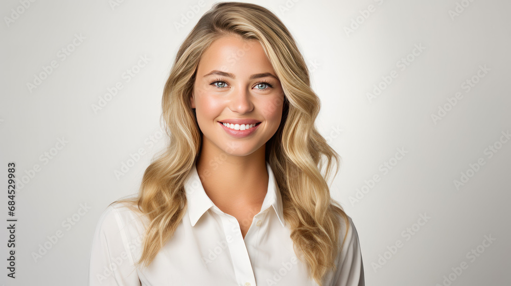 Portrait of beautiful young blonde american company office worker business woman smiling and looking straight Portrait of beautiful young blonde american company office worker business woman smiling and looking straight
