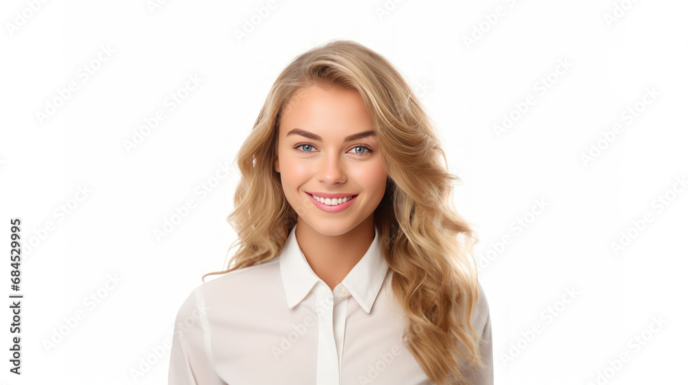 Portrait of beautiful young blonde american company office worker business woman smiling and looking straight Portrait of beautiful young blonde american company office worker business woman smiling and looking straight
