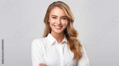Portrait of beautiful young blonde american company office worker business woman smiling and looking straight