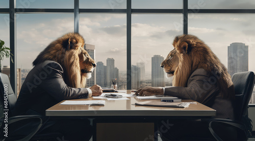 serious lions face each other in a office setting