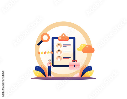 The concept of job recruitment. recruitment of employees. a Human resources staff or HR. Viewing personal data from prospective job applicants and identifying new staff. illustration concept design