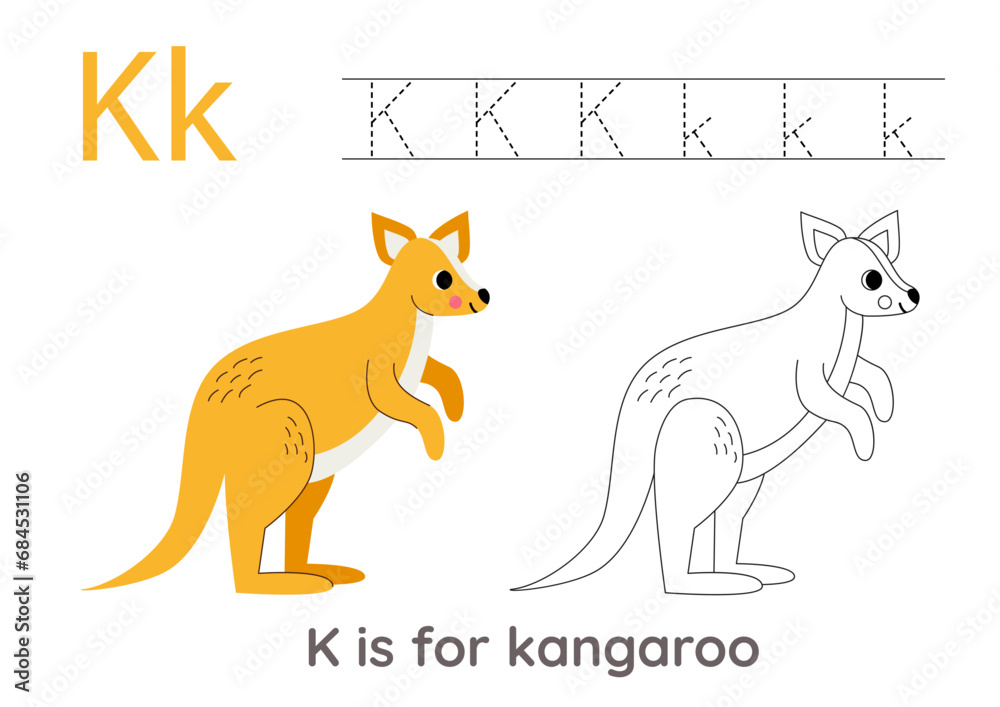 Tracing alphabet letters with cute animals. Color cute kangaroo. Trace letter K. Tracing alphabet letters with cute animals. Color cute kangaroo. Trace letter K.