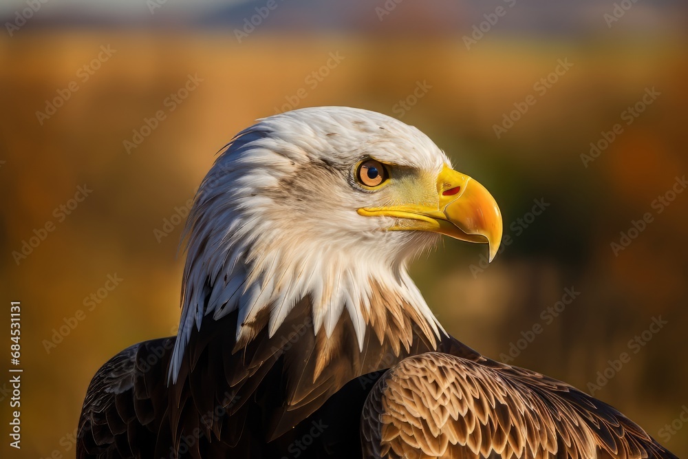 Fototapeta premium A Majestic Bald Eagle Standing Proudly in a Sunlit Field