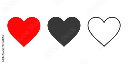 Hearts flat icons. Red, black and outline heart icon. Love icon. Vector illustration.