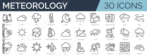 Set of 30 outline icons related to weather. Linear icon collection. Editable stroke. Vector illustration photo