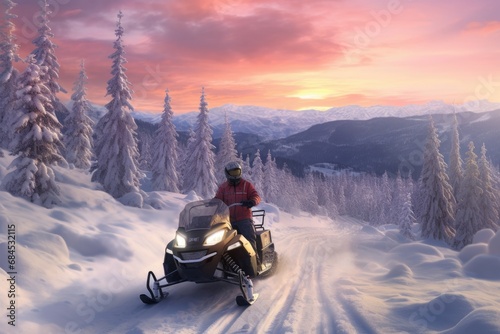 Immersive Winter Adventure: Snowmobiling Journey in Enchanting Snowy Forests