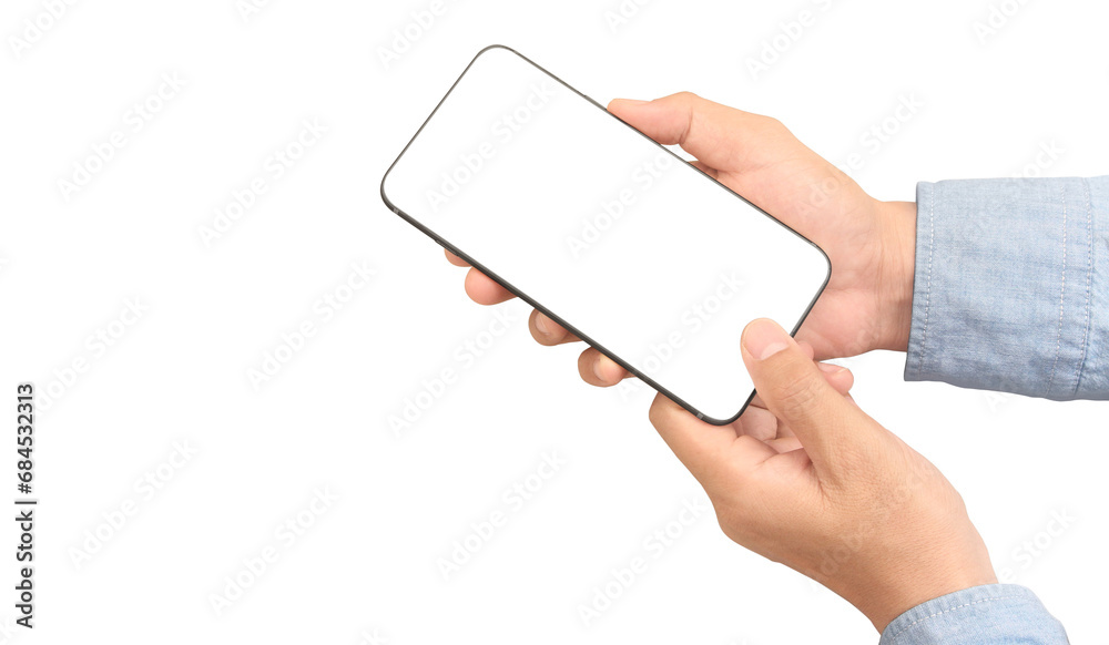 Hand holding smartphone device touching screen Hand holding smartphone device touching screen
