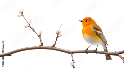 The charm of a small orange bird perched gracefully atop a slender tree branch isolated on a transparent background, Generative AI