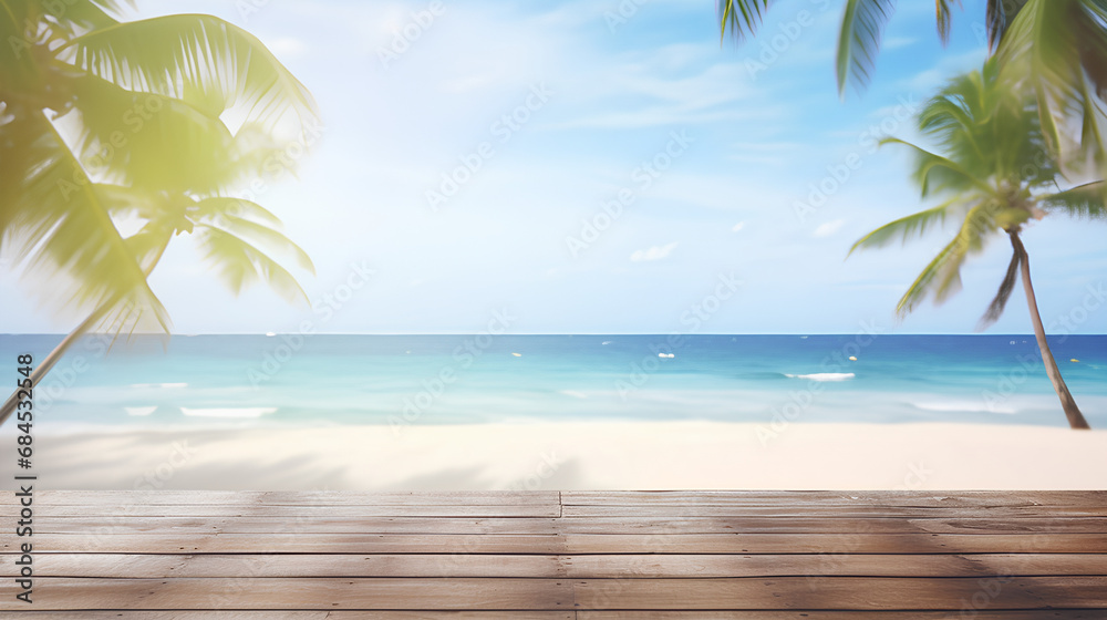 Empty wooden table top with view of tropical beach of spring summer time blurred background. Template for product presentation display, PNG, 300 DPI