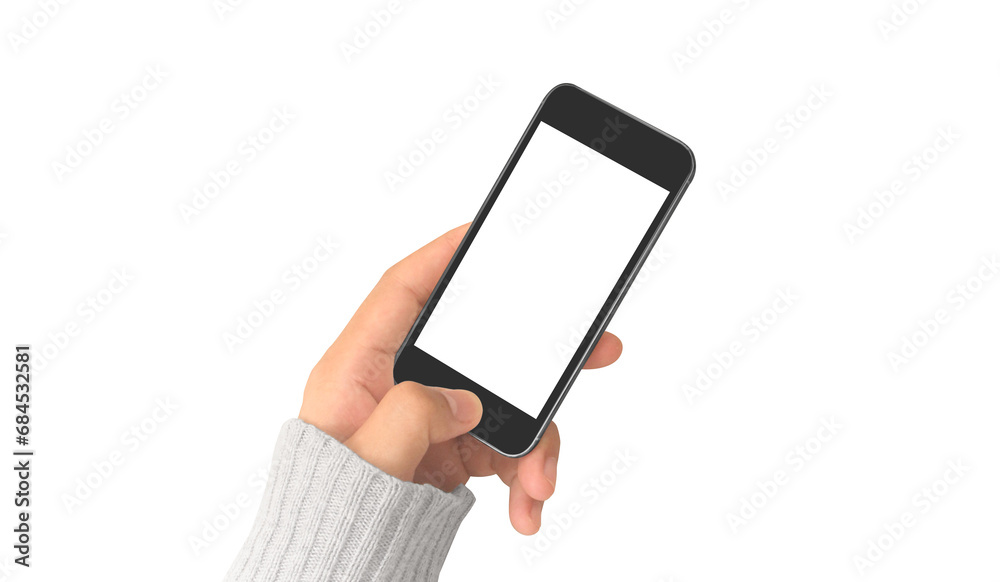 Hand holding smartphone device touching screen Hand holding smartphone device touching screen