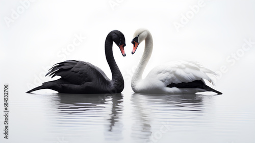 Two white and black swan couple in love isolated on a white background, Generative AI