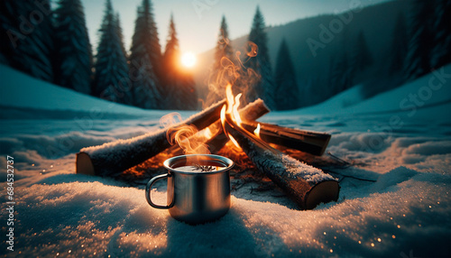 a mug of hot tea in winter at the campfire on the background of the forest