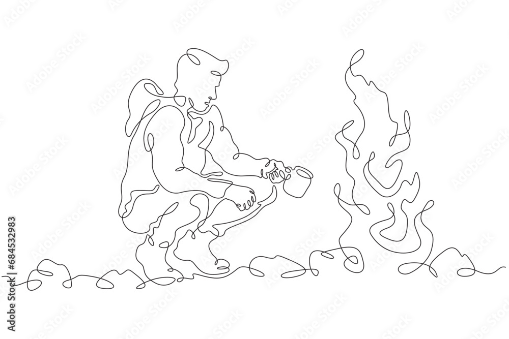 Tourist sitting by the fire. A man drinks a hot drink by the fire on a hike. A stop on the journey. One continuous line drawing. Linear. Hand drawn, white background. One line.