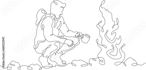 Tourist sitting by the fire. A man drinks a hot drink by the fire on a hike. A stop on the journey. One continuous line drawing. Linear. Hand drawn, white background. One line.