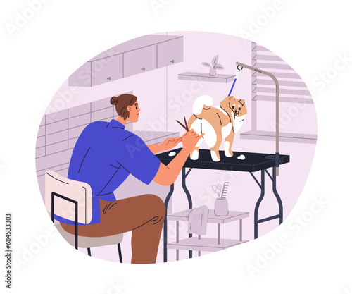 Dogs haircut, hairstyle at grooming salon. Groomer cutting canine hair with scissors, styling doggies coat. Professional pet care service. Flat vector illustration isolated on white background