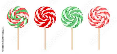 Christmas lollipops of red and green colors on wooden stick. Set of colorful swirl round candies.  Vector cartoon illustration  photo