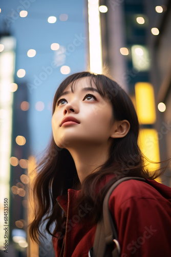Capturing Wonder: Photo of a Beautiful Young Japanese Woman Gazing Up at Tall City Buildings, Mesmerized by the Evening Lights of the Urban Landscape