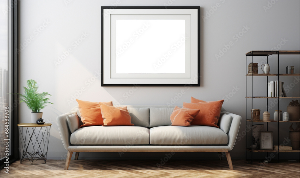 Art painting frame mockup hanging on the wall in the living room. The inside of the frame has a white background. Art painting frame mockup hanging on the wall in the living room. The inside of the frame has a white background.