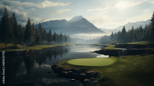 golf course landscape, scenic fairways for outdoor leisure.Created with Generative AI technology. photo