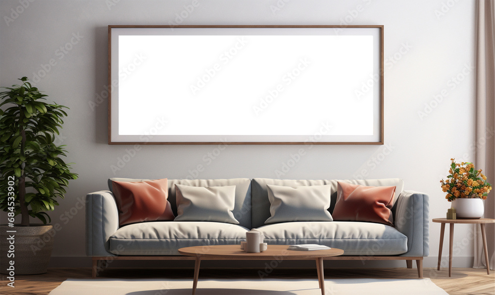 Art painting frame mockup hanging on the wall in the living room. The inside of the frame has a white background. Art painting frame mockup hanging on the wall in the living room. The inside of the frame has a white background.