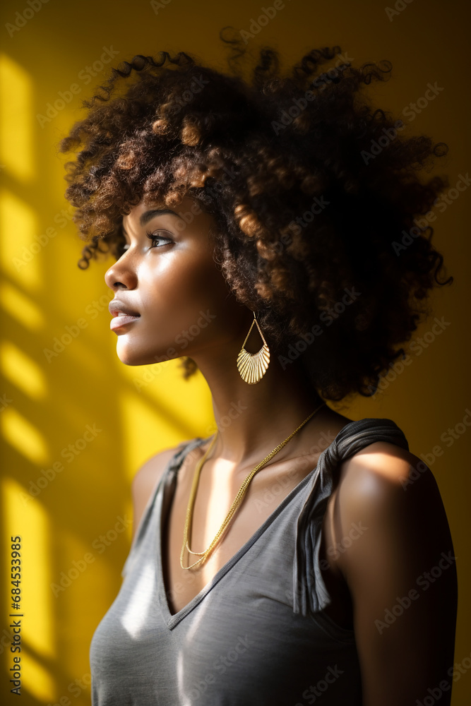 Sunlit Contemplation: Portrait of an Incredibly Beautiful, Slender African American Woman Gazing Out the Window, Sunbeams Streaming Through Blinds, Capturing a Serene Moment of Reflection