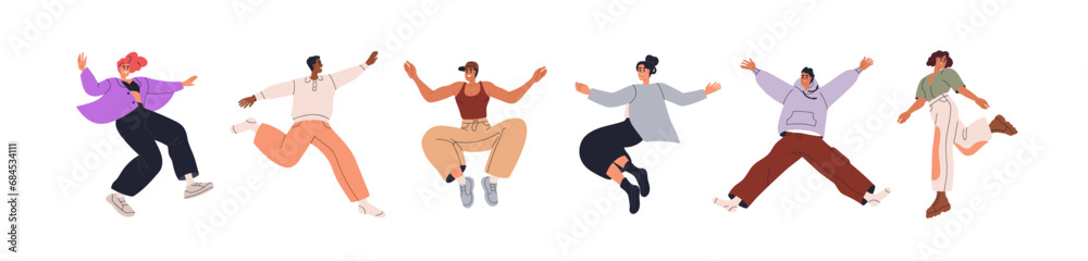 Happy people jumping set. Excited joyful young characters with positive energy, emotions. Cheerful active men, women flying up with joy, fun. Flat vector illustrations isolated on white background - obrazy, fototapety, plakaty 