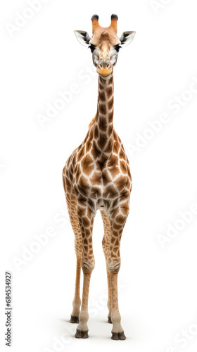 Front view of giraffe animal standing isolated on white background created with Generative AI Technology