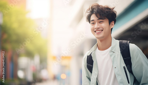 Cheerful handsome Asian male college student in casual clothes on bright day. Happy cheerful guy having fun Gen Z teenagers photo