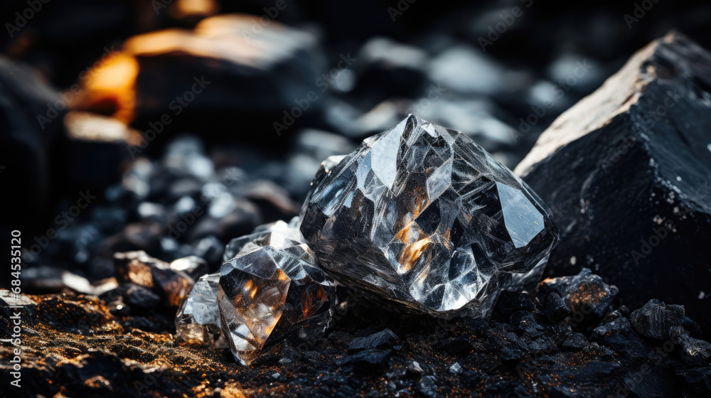 A rare sparkling rough diamond crystal gem surrounded by coal created with Generative AI Technology 