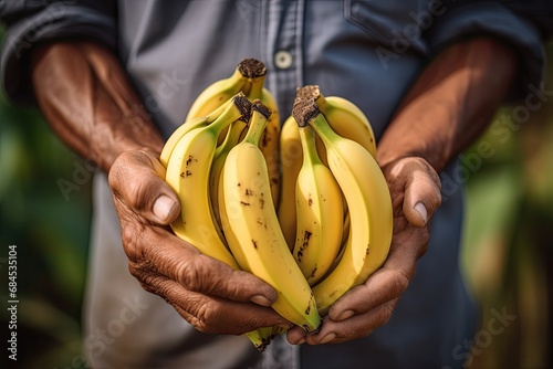 Male hands cradle a bunch of ripe, organic bananas, embodying health and tropical agricultural richness.