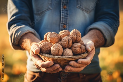 a heap of organic walnuts in hands, symbolizes the autumn harvest and healthful nutrition.