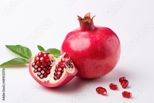 A ripe pomegranate, cutted on a white background, revealing juicy, antioxidant - rich arils.