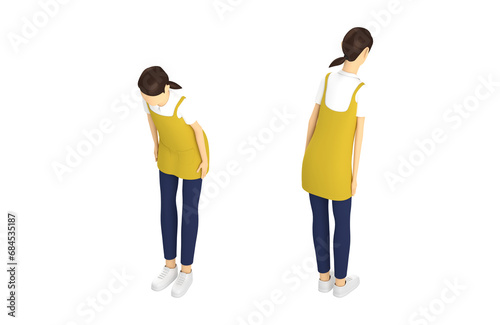 エプロンをつけた女性保育士の3Dイラスト。挨拶をしている。