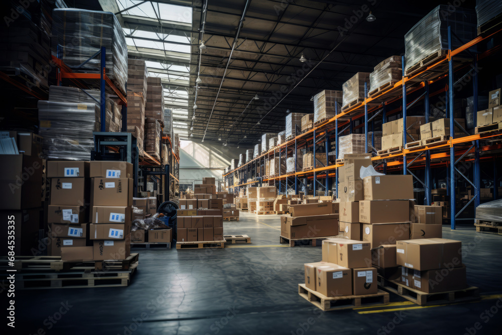 Interior of a warehouse storage with pallet truck near shelves. Generative AI Interior of a warehouse storage with pallet truck near shelves. Generative AI