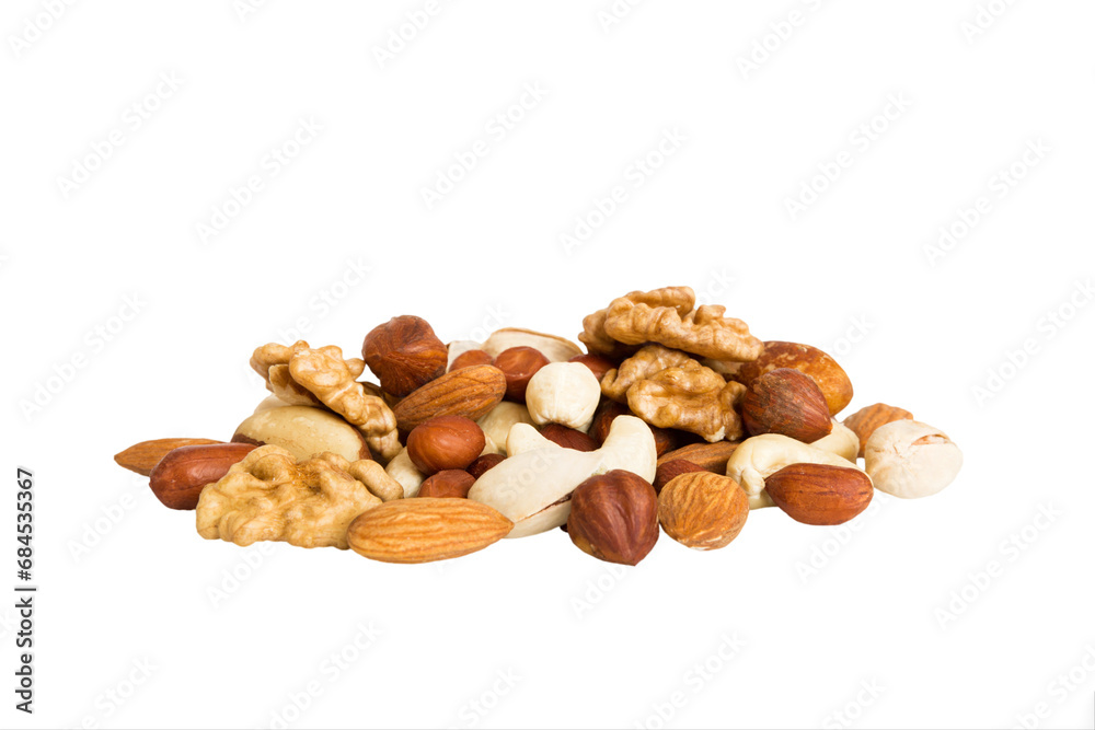 pile mixed nuts isolated on white background, top view. Flat lay Healthy food concept pile mixed nuts isolated on white background, top view. Flat lay Healthy food concept