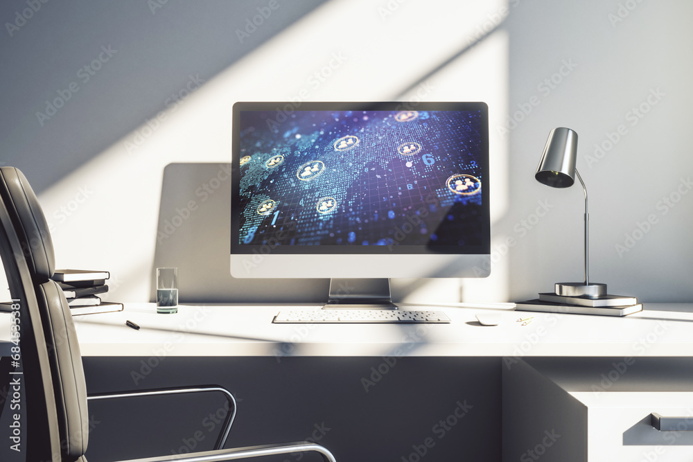 Modern computer monitor with social network icons concept with world map. Marketing and promotion concept. 3D Rendering Modern computer monitor with social network icons concept with world map. Marketing and promotion concept. 3D Rendering